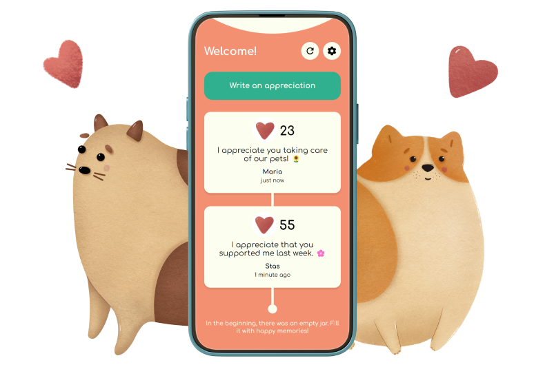 A screenshot of the Appreciation Jar app. There is a cartoon cat and a dog looking at it lovingly.
