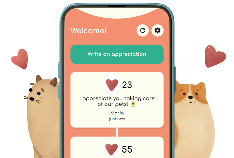 A screenshot of the Appreciation Jar app. There is a cartoon cat and a dog looking at it lovingly.